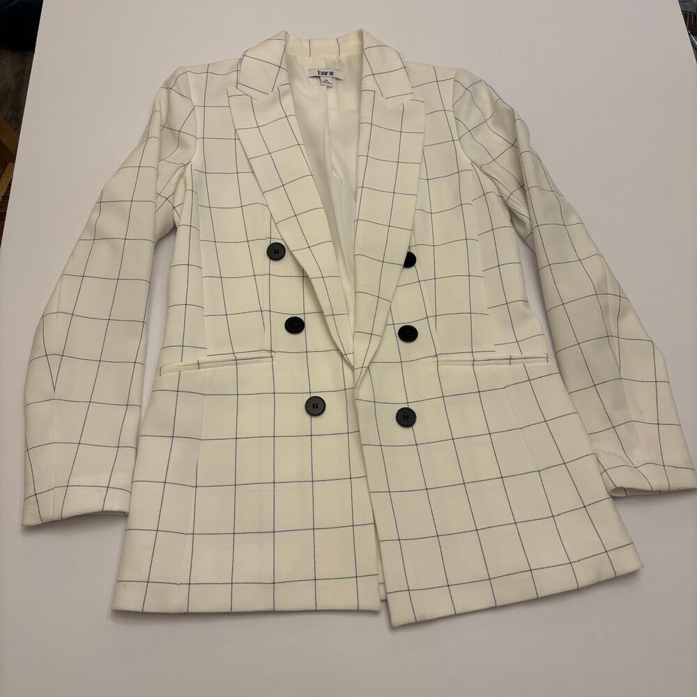 Bar III Womens XS White Windowpane Faux Double Breasted Blazer Jacket